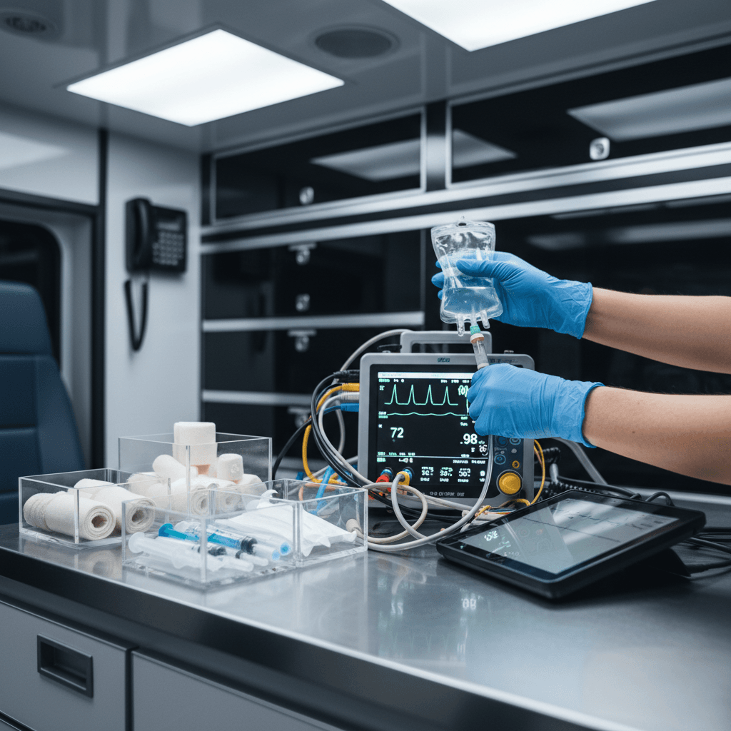 Close-up of paramedic hands adjusting advanced medical monitoring equipment inside a clean, well-organized ambulance interior