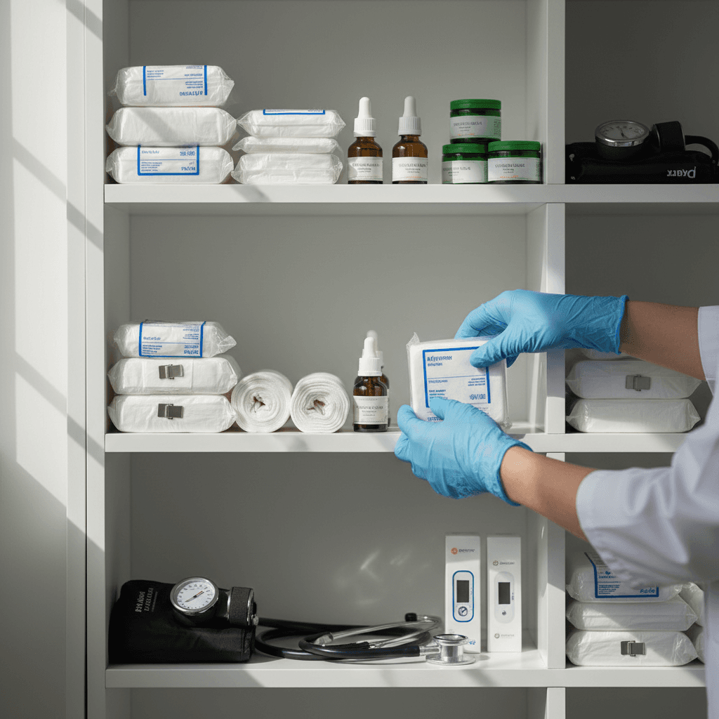 Healthcare professional arranging medical supplies on white shelving with organized gauze, bandages, and diagnostic tools