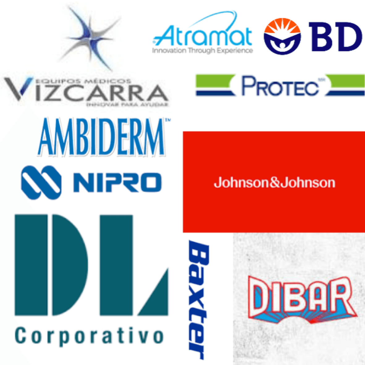 Logotipos de diversas empresas médicas incluyendo Johnson & Johnson, Baxter, BD, Nipro y Atramat.